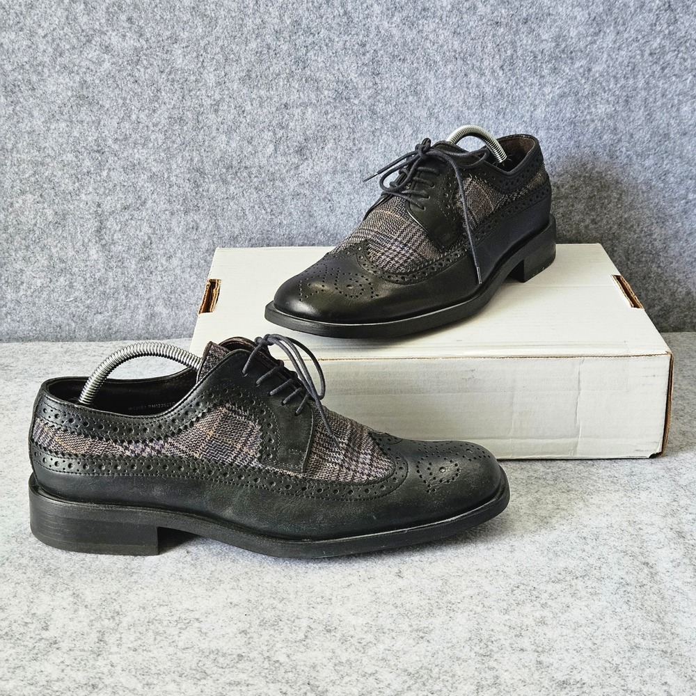 Kenneth Cole Reaction Mixed Wingtip Plaid Fabric Black Leather Oxfords Shoes 10
